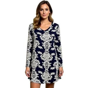 POPANA Navy Blue Damask Print Long Sleeve V Neck Tunic Dress Size L Made in USA
